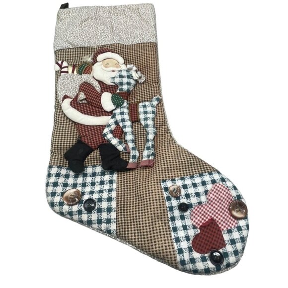 vintage Christmas stocking plaid brown Santa reindeer button candy cane READ - Picture 1 of 6